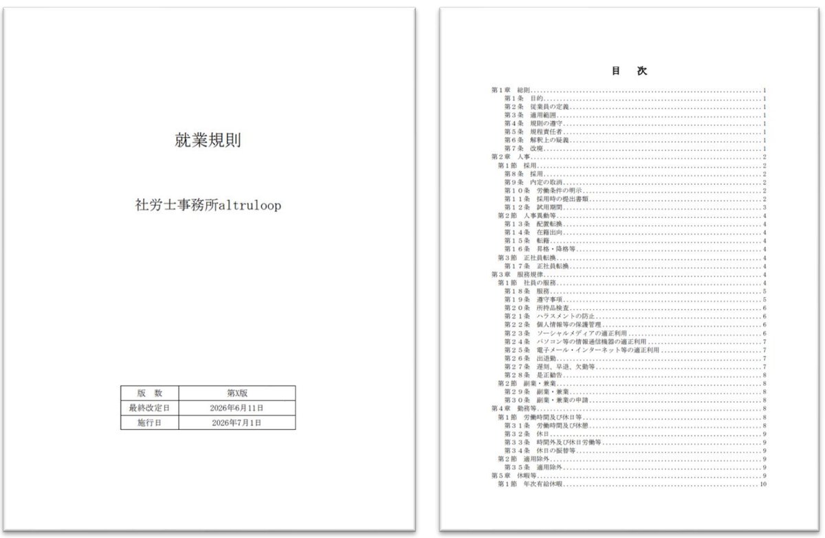 就業規則の納品物イメージ（表紙と目次）