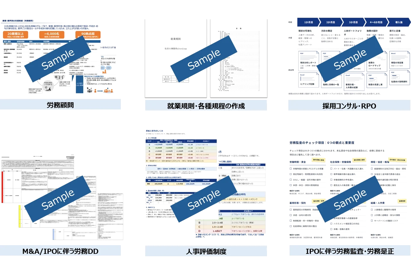 成果物のサンプル：労務顧問、就業規則・各種規程の作成、採用コンサル・RPO、M&A／IPOに伴う労務DD、人事評価制度、IPOに伴う労務監査・労務是正