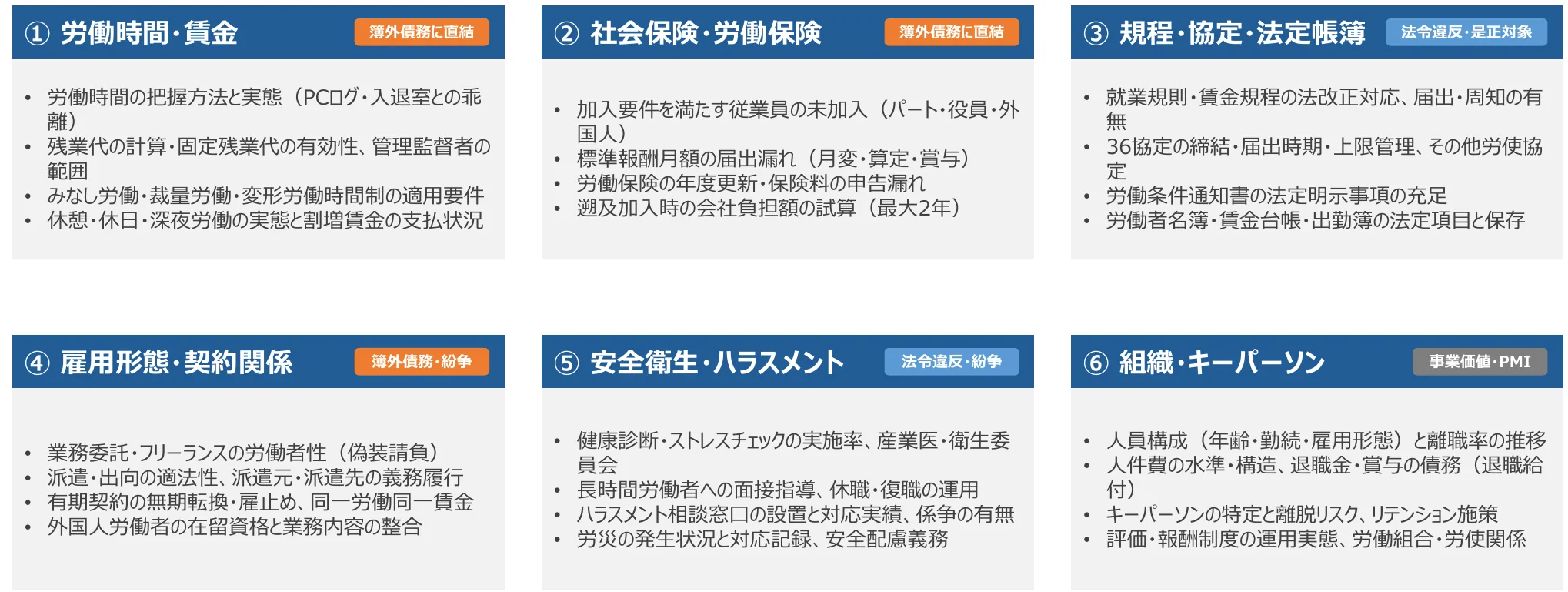 労務DDで見るべき6つの観点：労働時間・賃金、社会保険・労働保険、規程・協定・法定帳簿、雇用形態・契約関係、安全衛生・ハラスメント、組織・キーパーソン